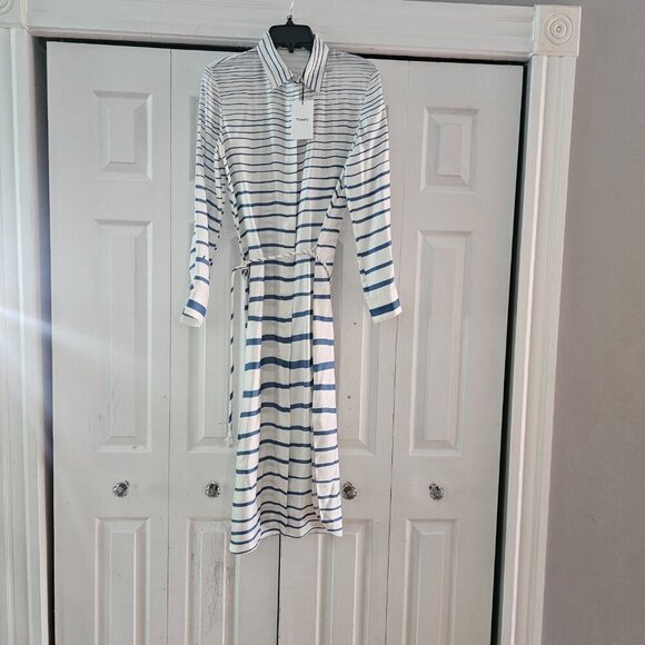 Theory Women's Blue Striped Long Sleeves Belted Silk Shirt Dress Size Small - Picture 5 of 10